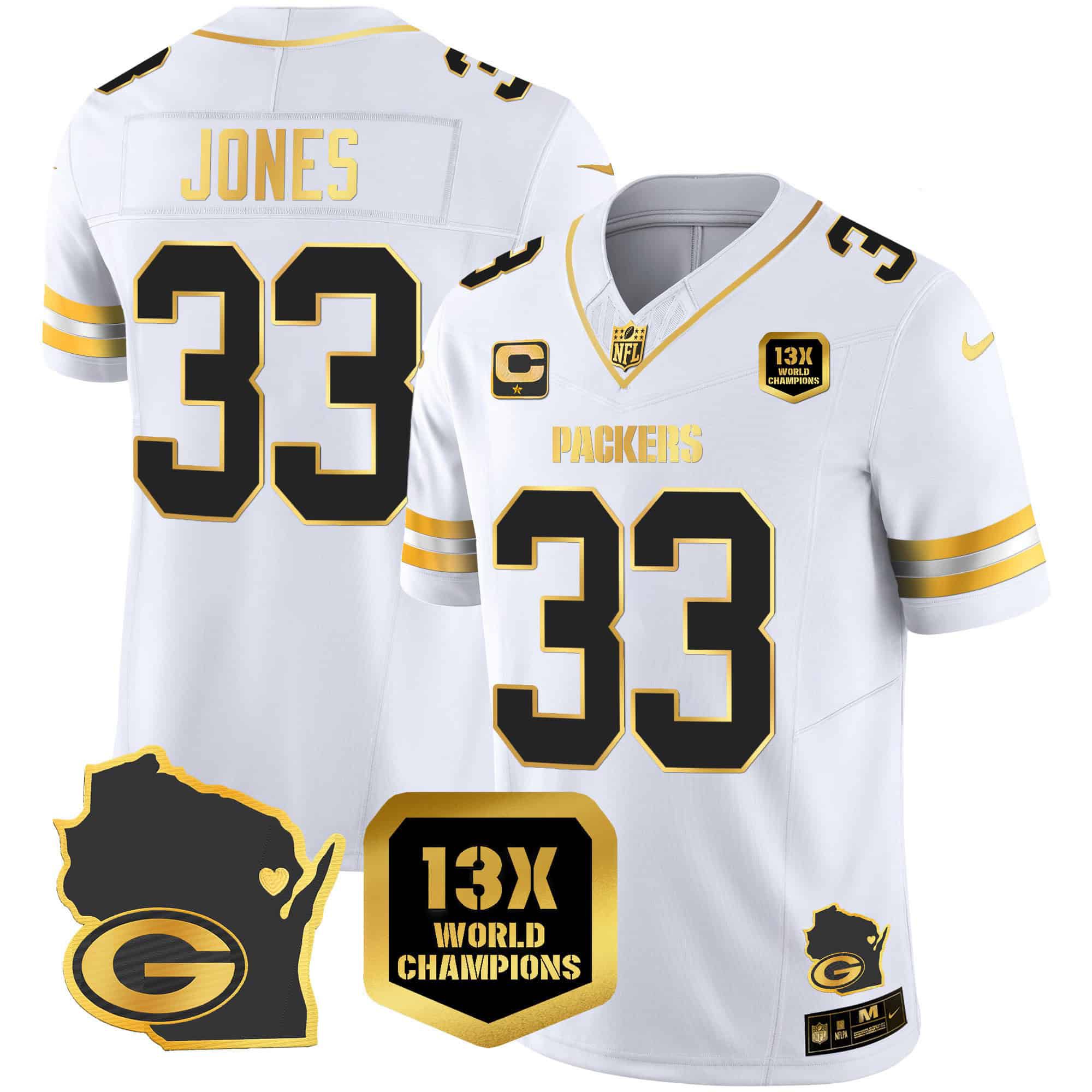Men Green Bay Packers #33 Jones White Gold 2024 Nike World Champions Home Patch Vapor NFL Jersey